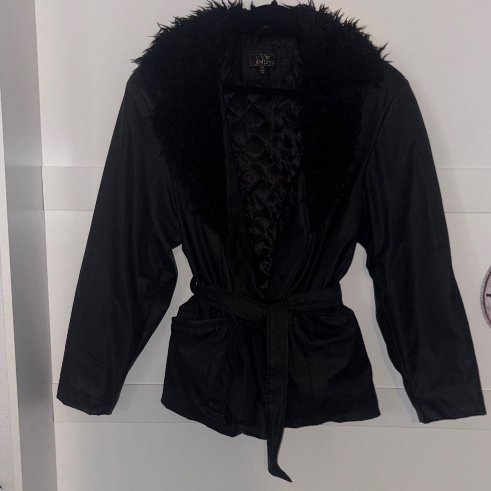 eye candy Black Belted Trench Coat with Faux Fur Collar